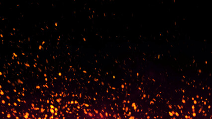 Red Glowing Ember Particles, Dark Glitter Fire Lights Rise Amidst Smoke, Fog, and Misty Texture Over Black Background. Experience the Intensity of Burning Sparks in this Abstract Composition