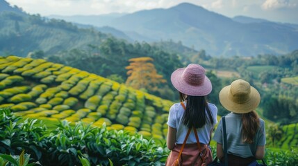 Fototapeta na wymiar Asian woman views Choui Fong tea plantation, Thailand