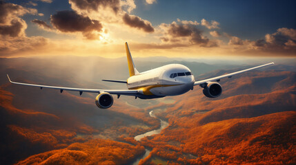 the plane flies high in the sky over a beautiful landscape at sunset, mountains and hills below,...