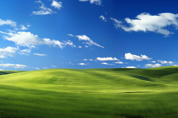 A beautiful, perfect landscape with green grass on hills and green fields. The sky is filled with white clouds and bright sunlight. There are also shadows that create a sense of depth and realism.