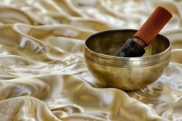 Fototapeta na wymiar closeup of a singing bowl with a felt mallet on a silk cloth