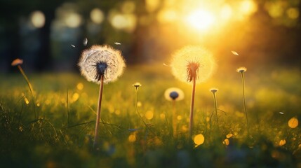 a beautiful summer landscape with dandelions and grass in a forest glade at sunset, sunlight and beautiful nature