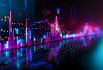 Fototapeta na wymiar Stock Market Trends Under Blue and Purple Neon Glow: High-Resolution, Dynamic Perspective and Depth in Financial Illustration