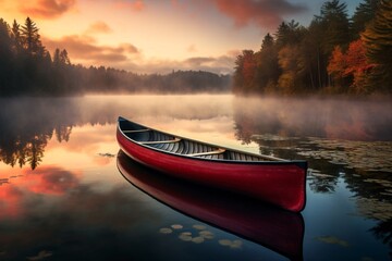 a canoe on a lake - obrazy, fototapety, plakaty
