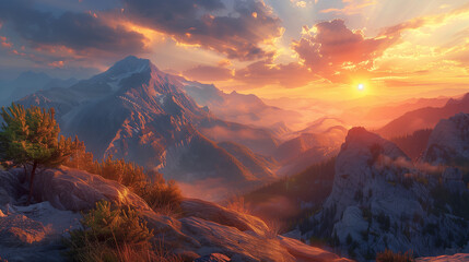 Sunset View from the Top of a Mountain offers a breathtaking spectacle of nature's beauty - obrazy, fototapety, plakaty