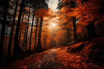 Foto op Canvas a beautiful autumn landscape with fallen leaves in a forest glade at sunset, sunlight and beautiful nature as background © soleg