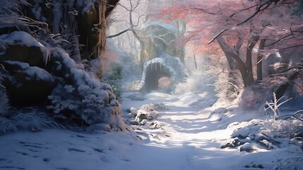 beautiful winter landscape, branches of old trees in a snow covered forest, the path to the cave, bright sunlight and beautiful nature - 764593676