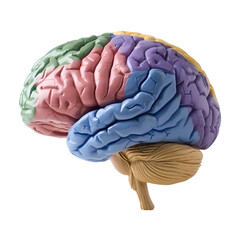 Human brain model featuring a blue Cerebellum, green Cerebrum, purple Thalamus, and yellow Hypothalamus, set against a transparent background. The image is provided as a PNG cutout