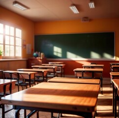 Modern classroom interior, lighty airy room in school for education