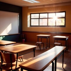 Modern classroom interior, lighty airy room in school for education