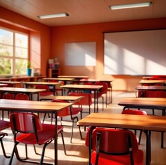 Modern classroom interior, lighty airy room in school for education