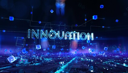 Innovation - businessman working with augmented virtual reality at night office.