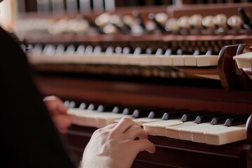view over the shoulder of an organist pressing organ keys