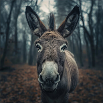 portrait of a donkey with a deep forest background, Generative Ai
