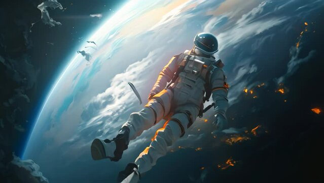 A man in a space suit floats weightlessly amidst the vastness of outer space, Diosmonaut in modern spacesuit, life of an astronaft, AI Generated