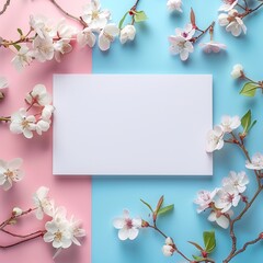 Blank white paper with spring cherry blossoms on a pink background. Flat lay composition with copy space. Design for wedding invitation, greeting card, or Mother's Day concept