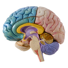 Human brain model with a blue Cerebellum, green Cerebrum, purple Thalamus, and yellow Hypothalamus, isolated on a transparent background in PNG format