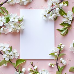 Blank white paper with spring cherry blossoms on a pink background. Flat lay composition with copy space. Design for wedding invitation, greeting card, or Mother's Day concept