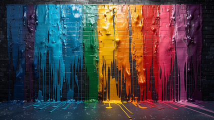 A colorful painting of a rainbow with paint dripping down the side