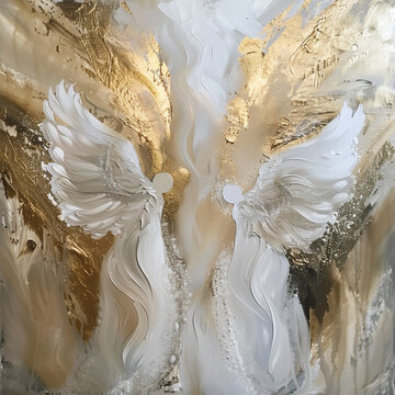 image of angels on the wall in white and gold tones, art in a modern interior
