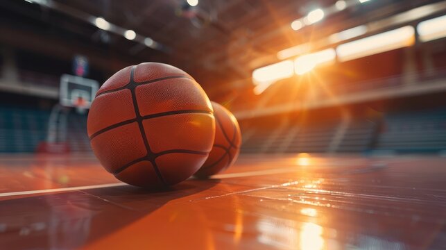 A basketball ball lies on the floor in a sports stadium. Sunlit stadium