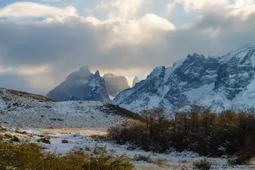 Papier Peint photo Cuernos del Paine snowy landscape in torres del paine national park. Chilean patagonia