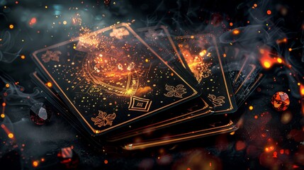 Tarot cards with fire and smoke on black background. - obrazy, fototapety, plakaty