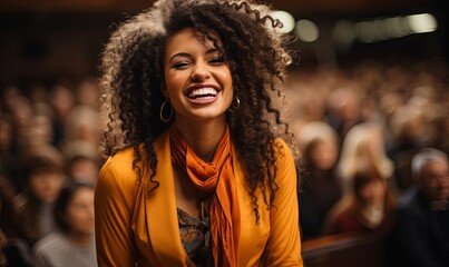 Smiling Woman With Curly Hair in Front of Crowd - obrazy, fototapety, plakaty