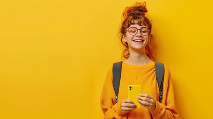Smiling teen girl with a phone on background with copyspace for your text