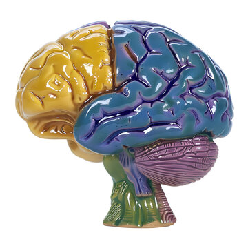 human brain model. blue Cerebellum, green Cerebrum, purple Thalamus, yellow Hypothalamus. isolated on transparent background background, PNG Cutout