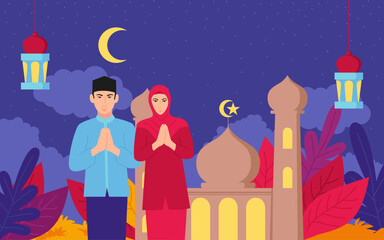 Simple flat cartoon illustration of a couple dressed in traditional Indonesian Muslim costumes, warmly greetings against the backdrop of a mosque and vibrant colors