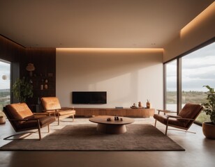 Modern living room interior with leather sofa, pendant light, and TV displaying lightning storm.