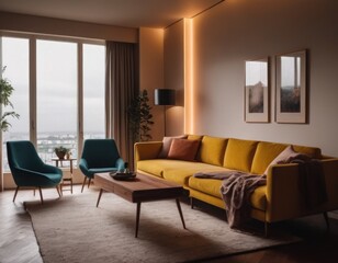 Naklejka na ściany i meble Modern living room interior with leather sofa, pendant light, and TV displaying lightning storm.