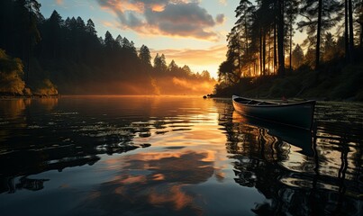 Boat Floats on Lake by Forest