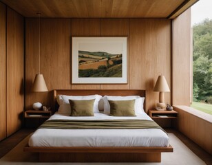 Fototapeta na wymiar Elegant bedroom interior with wooden walls, a large bed with pillows, bedside lamps, and a framed landscape painting.