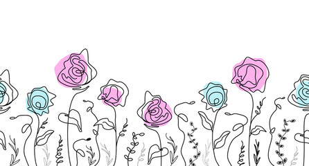 seamless pattern of abstract leaves,  flowers. isolated roses on a white background. hand-drawn illustration in doodle style. the art of one line. for print, banners, postcards, holiday ideas. art png