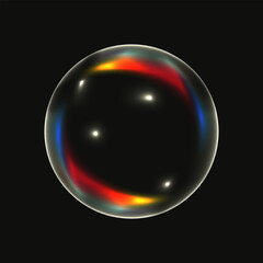 Transparent Soap Bubble isolated black background. 3D gradient air Bubble with holographic rainbow. Vector illustration can used web design. EPS 10
