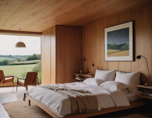 Elegant bedroom interior with wooden walls, a large bed with pillows, bedside lamps, and a framed landscape painting.