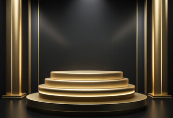 Empty golden architectural podium for product display on black background colorful background