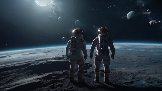 .Three astronauts, one close and two far away. A .mov