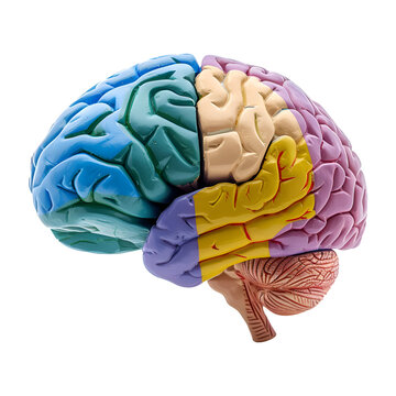 human brain model. blue Cerebellum, green Cerebrum, purple Thalamus, yellow Hypothalamus. isolated on transparent background, PNG Cutout