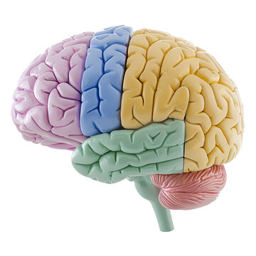 human brain model. blue Cerebellum, green Cerebrum, purple Thalamus, yellow Hypothalamus. isolated on transparent background background, PNG Cutout