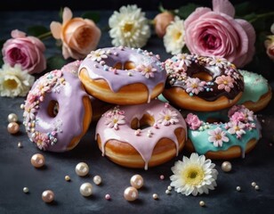 Obraz na płótnie Canvas Assorted colorful donuts with icing and sprinkles, decorated with edible flowers, on a dark background with scattered petals.