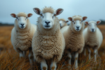Obraz premium a group of sheep standing up together in a field