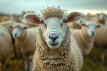 Obraz premium Sheep stares at the camera with other sheep in the background