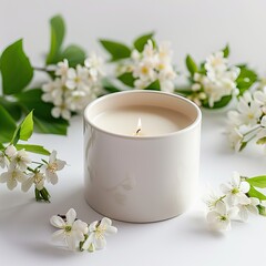 Obraz na płótnie Canvas Scented candle in minimalistic design with white flowers on a silky background. Home decor and relaxation concept with copy space for design and print