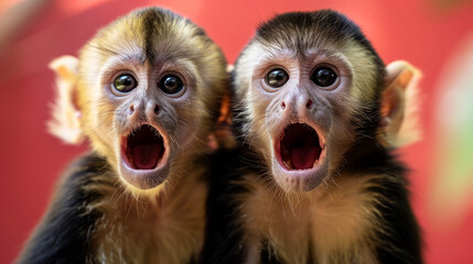 Two baby monkeys with their mouths open and eyes wide. They look surprised and scared. Concept of curiosity and innocence. Capuchin monkeys, Eyes and mouth wide open with a surprised expression