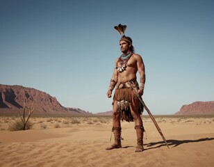 Warrior in traditional attire standing in desert with dunes at sunset.