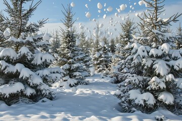 snowball fight happening in a grove of pine trees