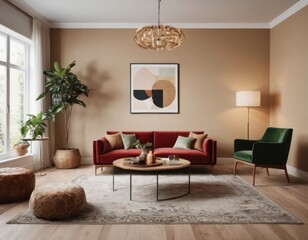 Elegant living room interior with a red sofa, armchairs, and decorative plants.